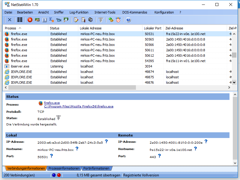 Screenshot vom Programm: NetStat4Win